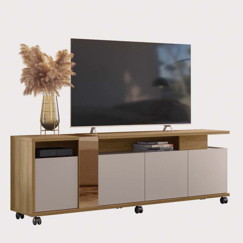 Mueble Tv Miami roble, blanco roto y cristal 183