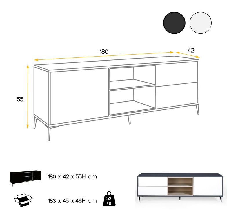 Mueble TV Lauki Blanco mate antracita 180 cm