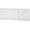 Mueble TV lacado blanco cola de pez 3 puertas 2 cajones 220 cm