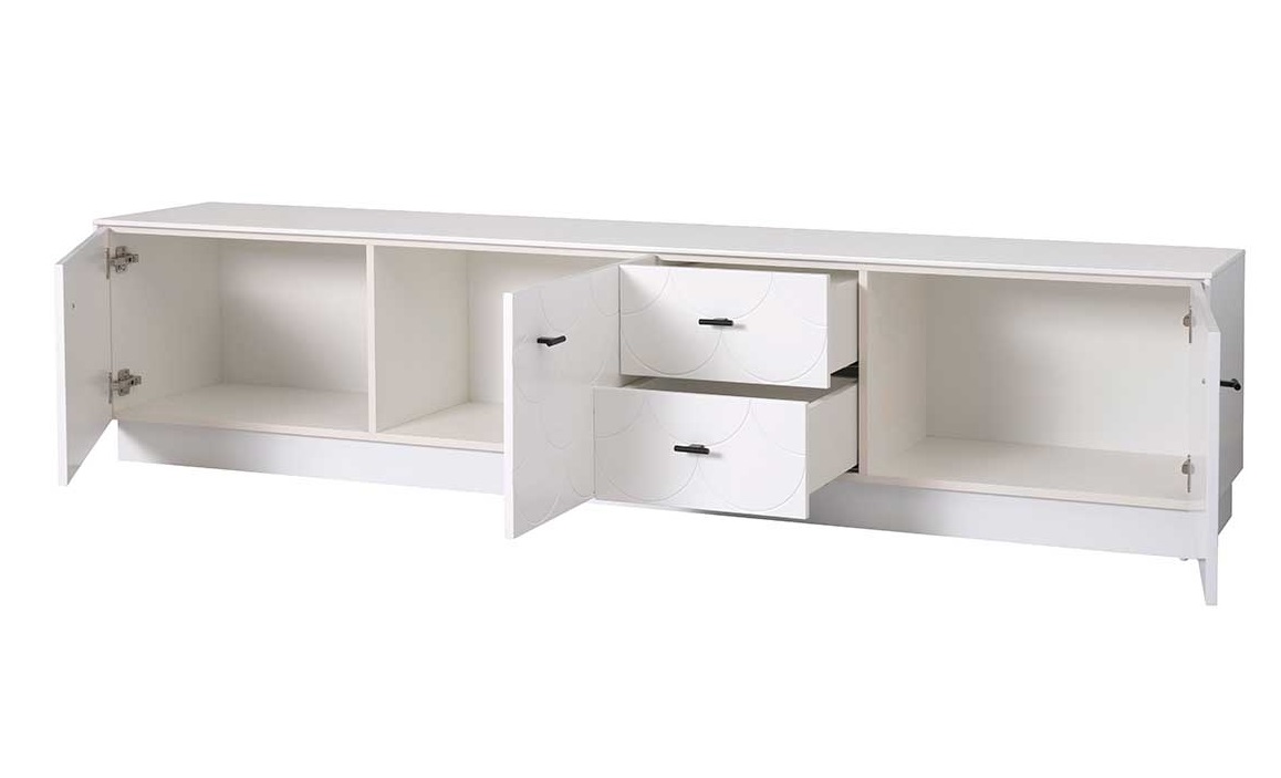 Mueble TV lacado blanco cola de pez 3 puertas 2 cajones 220 cm