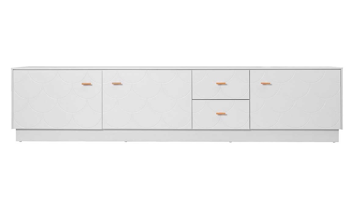 Mueble TV lacado blanco cola de pez 3 puertas 2 cajones 220 cm