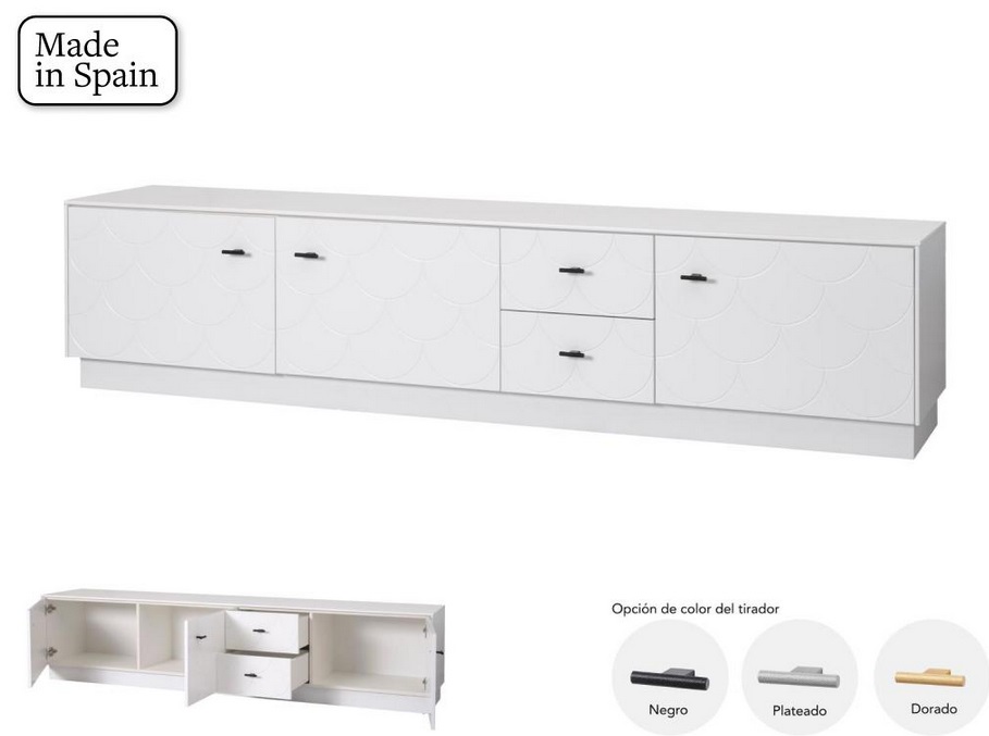 Mueble TV lacado blanco cola de pez 3 puertas 2 cajones 220 cm