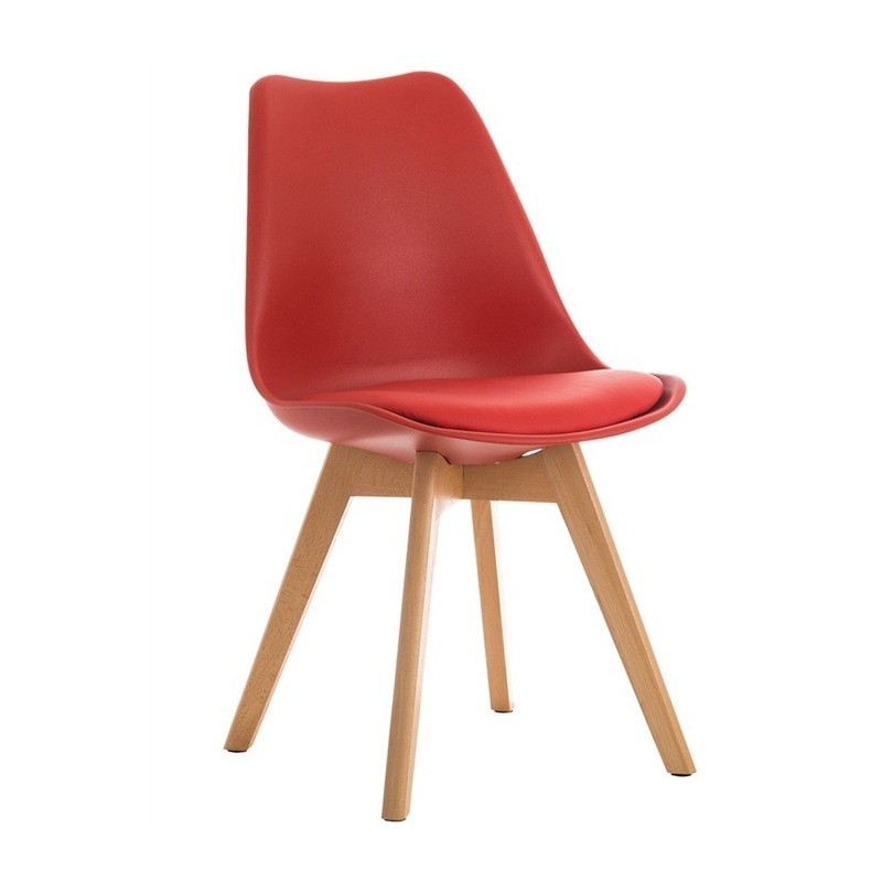 Silla nordica madera de haya, polipropileno con cojin rojo