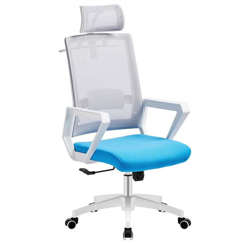 Sillón Brayton con cabezal blanco malla gris tejido azul claro