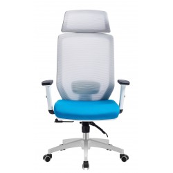 Sillón de oficina con cabezal blanco malla gris y tejido azul