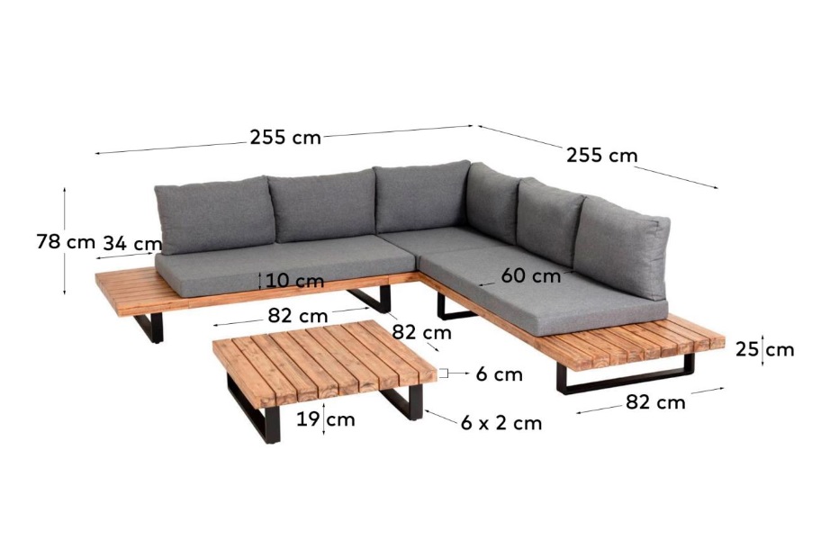 Sofa rinconero Milo acacia natural cojines gris