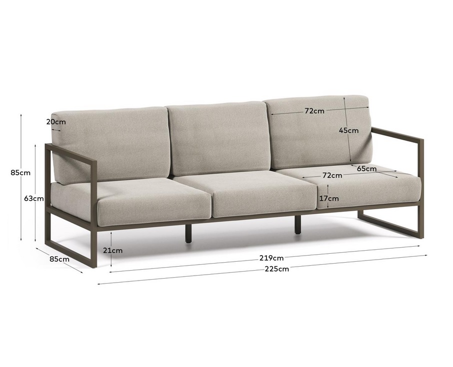 Sofa terraza aluminio marron tapizado beige 3 plazas vela