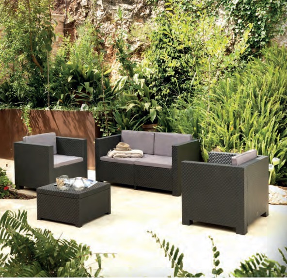 Set sofa terraza poliratan chocolate cojines beige Male 4 plazas