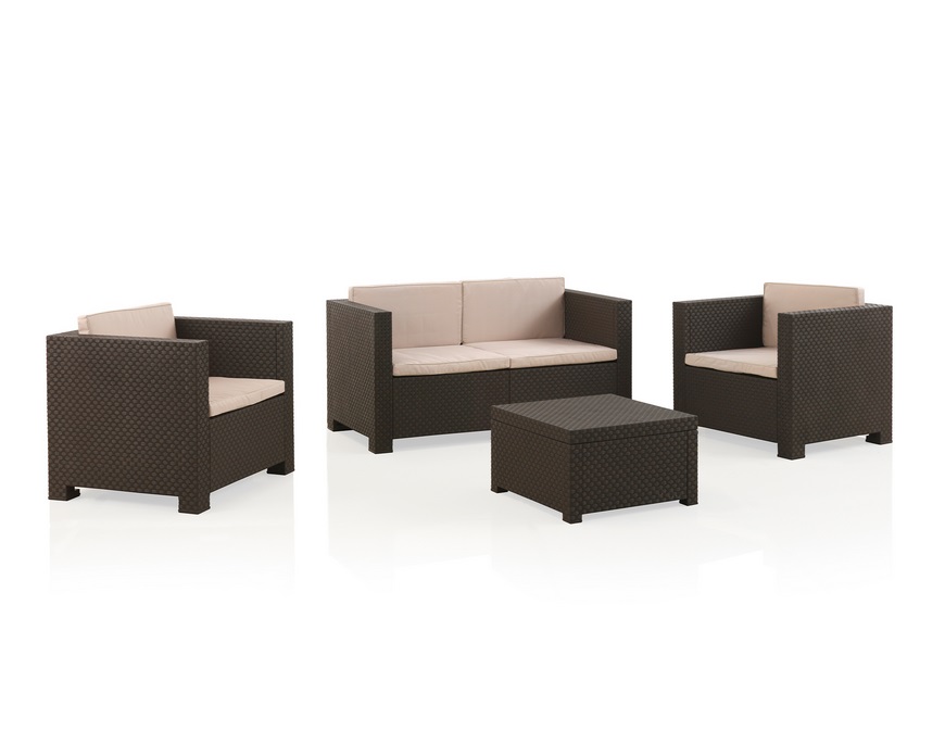 Set sofa terraza poliratan chocolate cojines beige Male 4 plazas