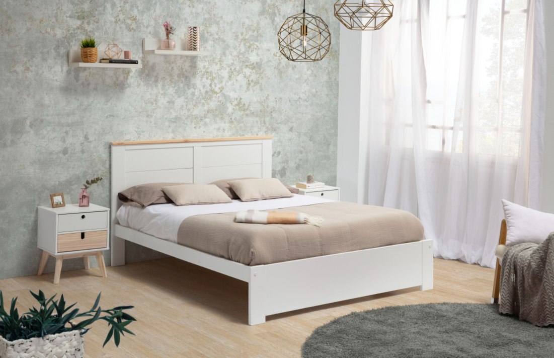 Cama Akira madera DM/PINO blanco 140x190 cm