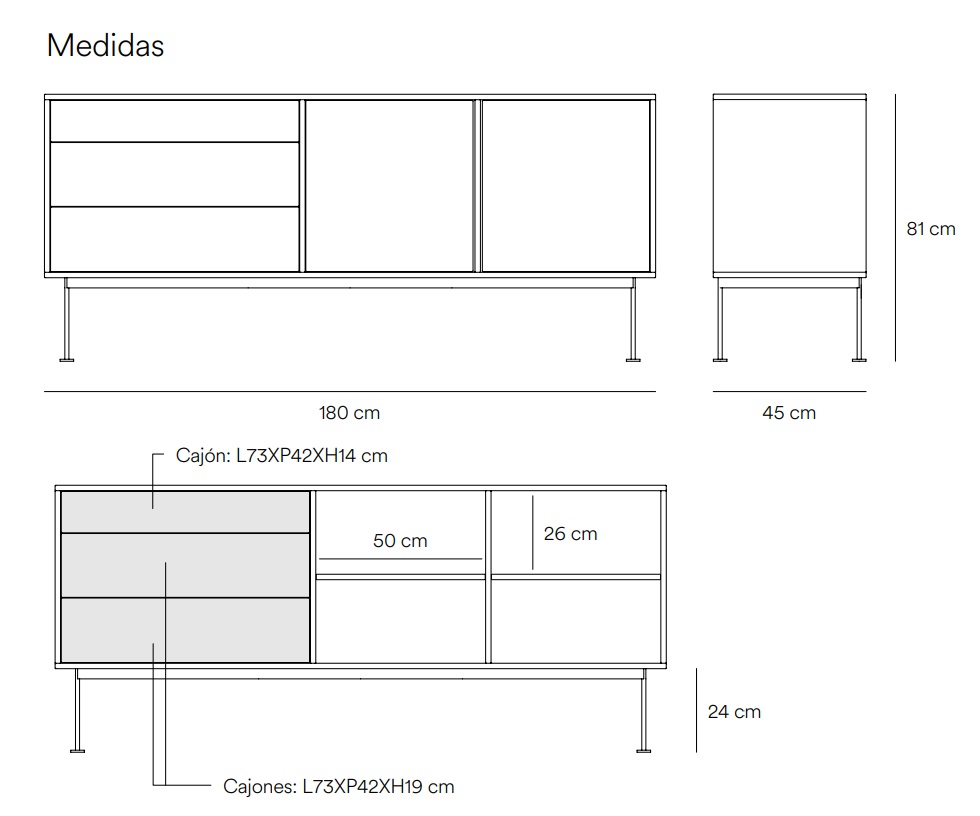 Aparador Yoko gris antracita roble 3 cajones 2 puertas