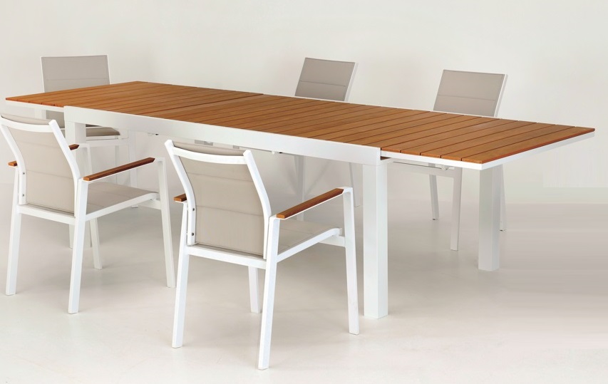 Mesa vienna aluminio blanco lamas madera poliwood 140-200 x 90