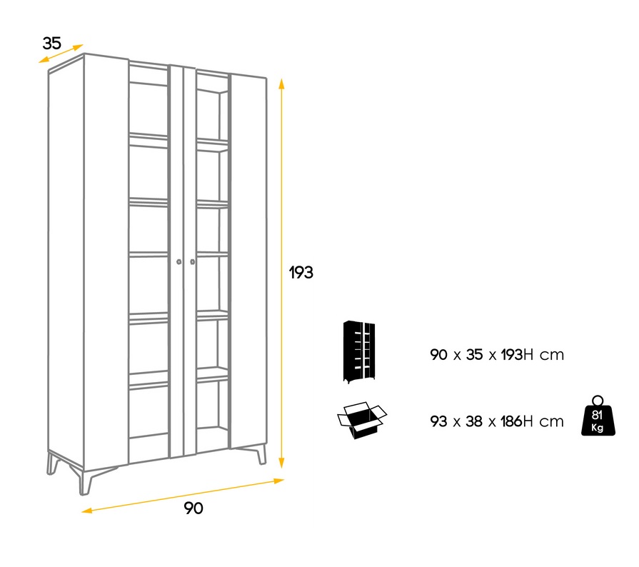 Vitrina alta roble blanco polar Moritz 190x90